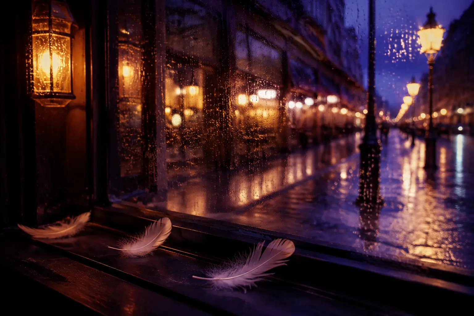 A mysterious rainy night scene with repeating golden lights and symbolic feathers