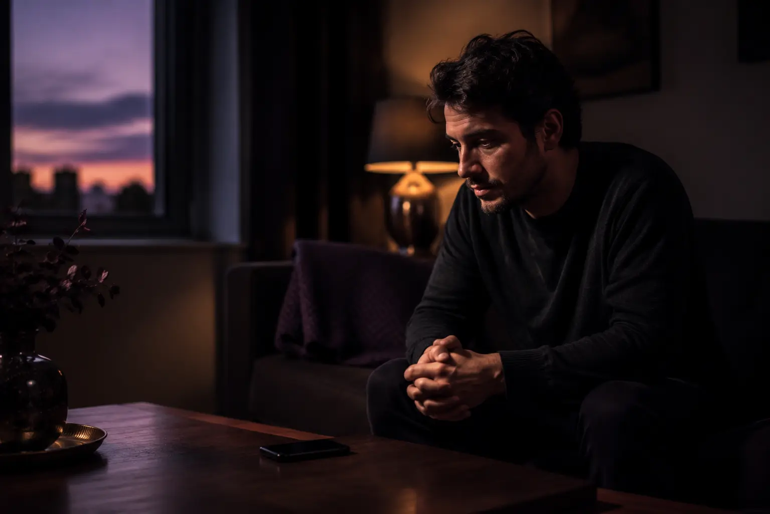 A thoughtful man sitting near an unanswered phone in a quiet room